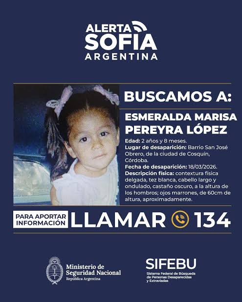 Alerta Sofía por Esmeralda Marisa Pereyra López, de 2 años y 8 meses, desaparecida en Cosquin de la provincia de Córdoba