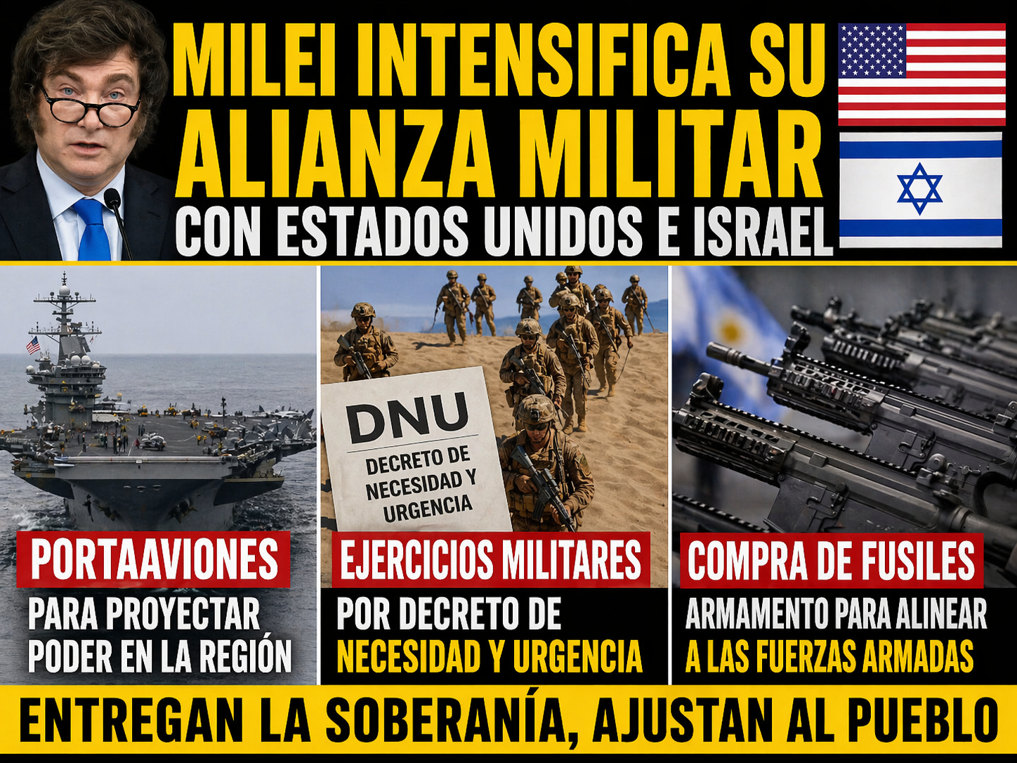 MILEI INTENSIFICA SU ALIANZA MILITAR CON ESTADOS UNIDOS E ISRAEL: PORTAAVIONES, EJERCICIOS MILITARES POR DECRETO DE NECESIDAD Y URGENCIA Y COMPRA DE FUSILES A ISRAEL