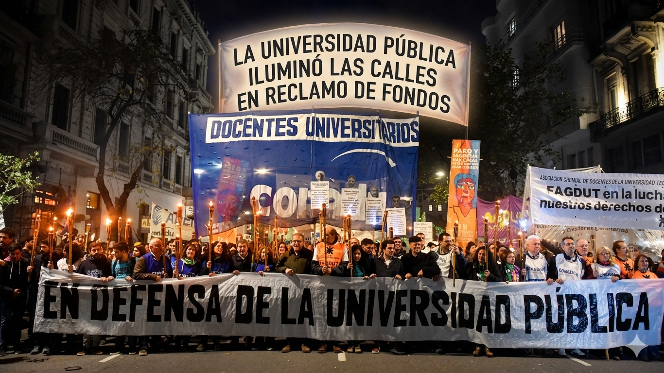 La Universidad Pública iluminó las calles en reclamo de fondos
